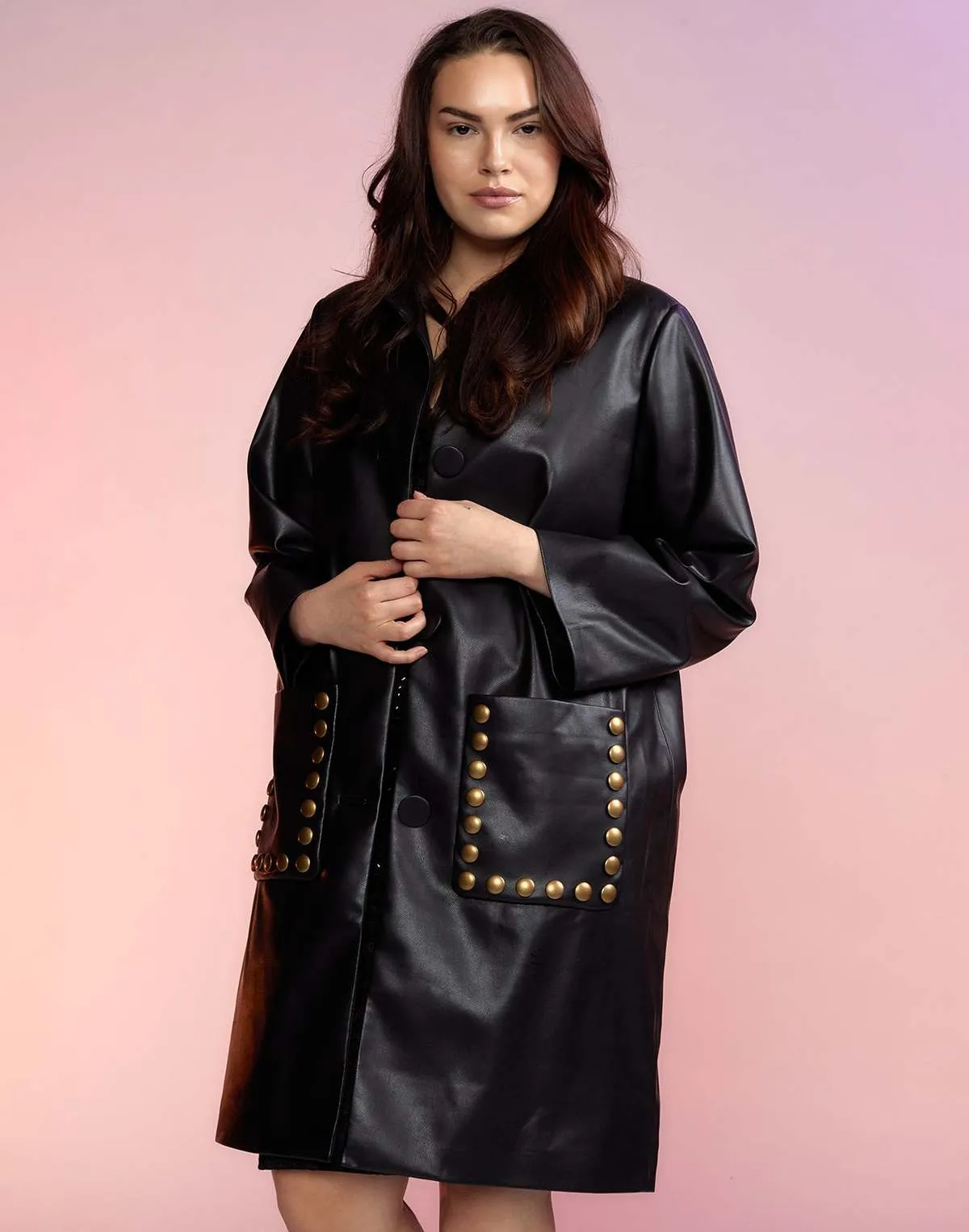 Vegan Studded Leather Coat - Black