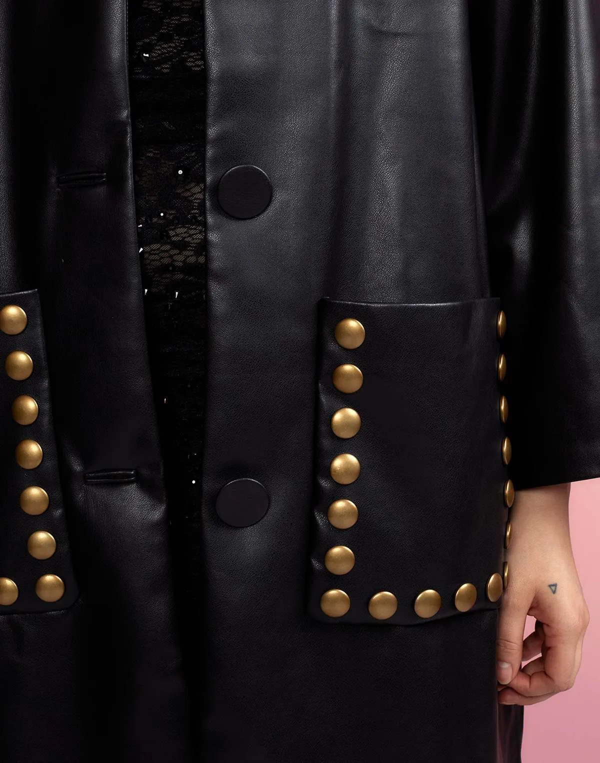 Vegan Studded Leather Coat - Black