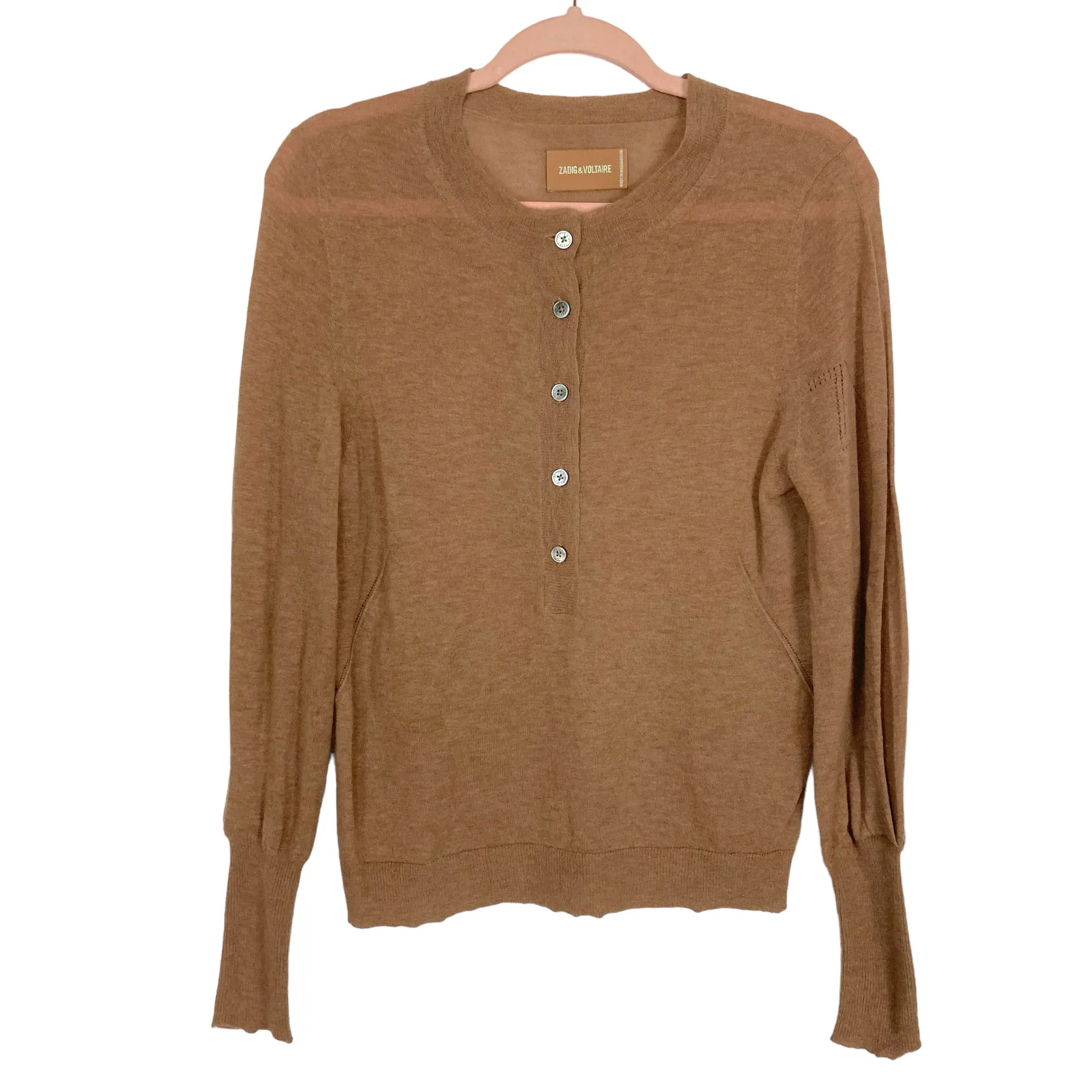 Zadig & Voltaire Brown 100% Cashmere Half Button Lightweight Sweater- Size XS